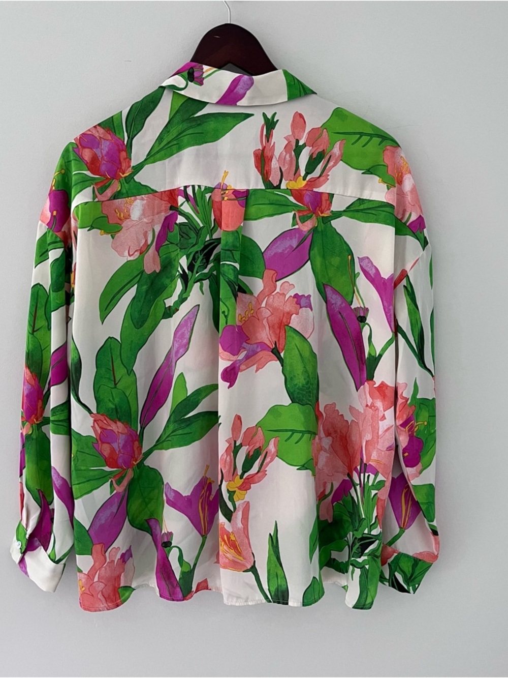 Zara Tropical Floral Button Down Blouse XS Pink Green Resort Shirt - Picture 4 of 8